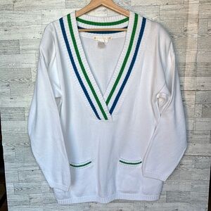 vintage white Sweater Blue green Architect V Neck Pockets women's oversize large
